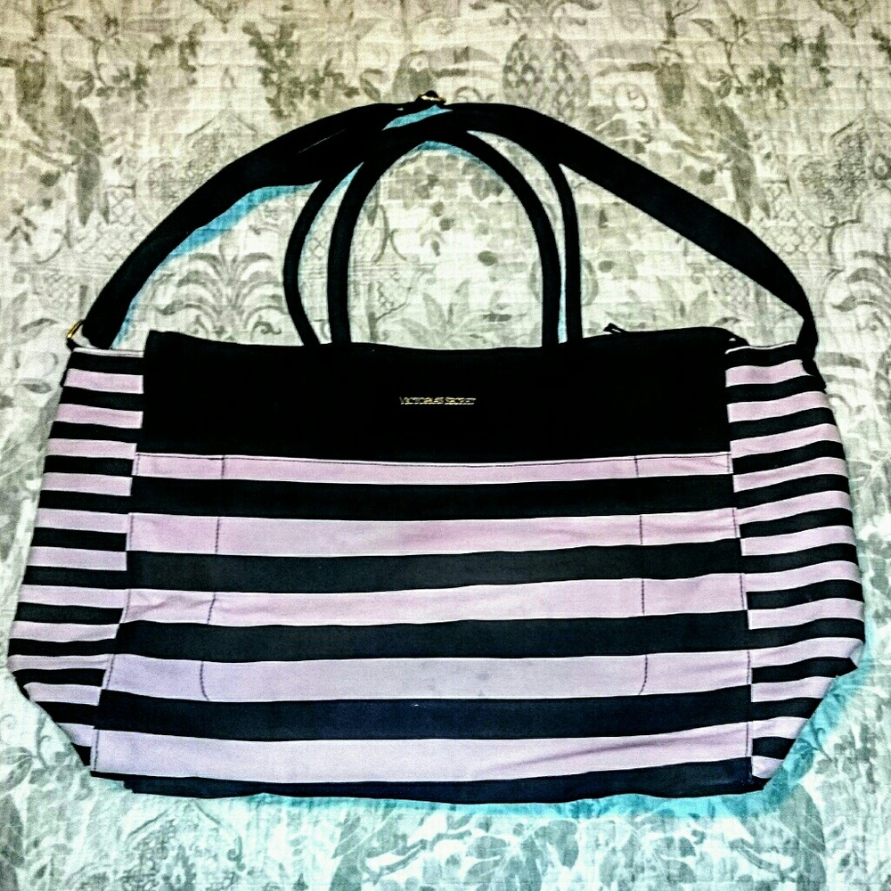 Victorias Secret Black and Pink Stripe Duffel